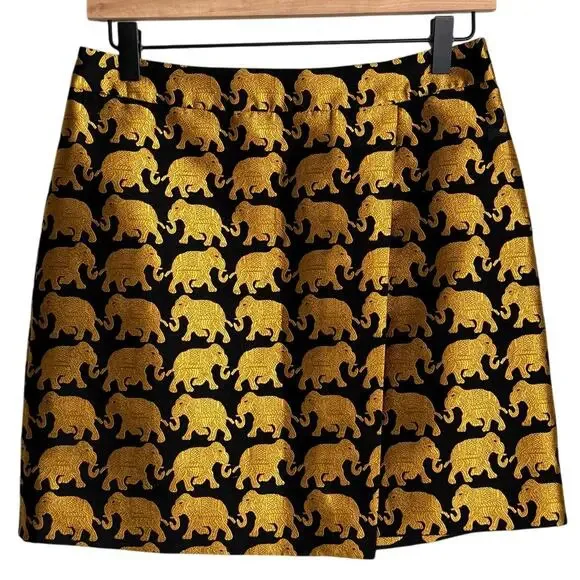 J.Crew Women’s 2 Mini Skirt Elephant Parade Origami Black Gold - Picture 2 of 8